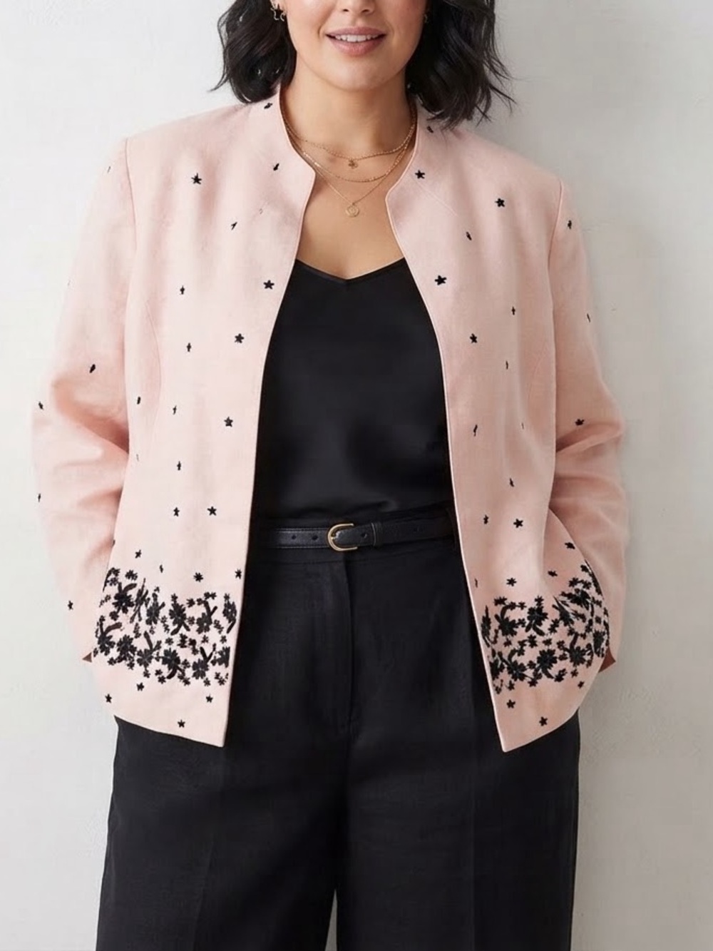 Embroidered Light Pink Cotton-Blend Jacket with Black Detail